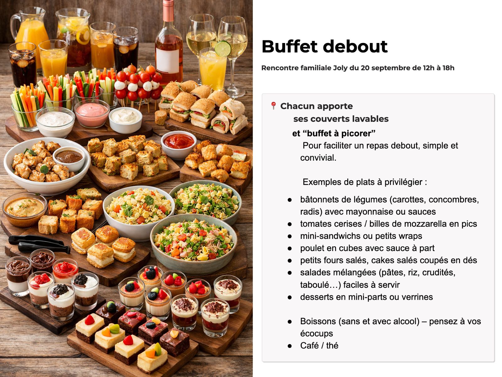 Buffet debout : plateaux de bâtonnets de légumes, mini-sandwichs, verrines et pics apéritifs